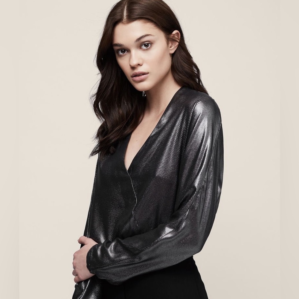 REISS Maja Metallic Wrap Top - Size 8